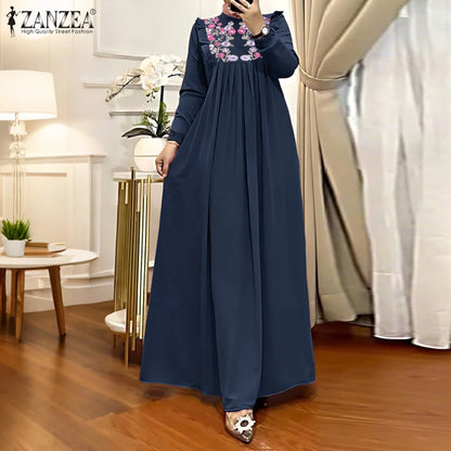 2025 Autumn Muslim Dresses Abaya ZANZEA Women Elegant Long Sleeeve Floral Dress Dubai Robe IsIamic Clothing Maxi Long Sundress.