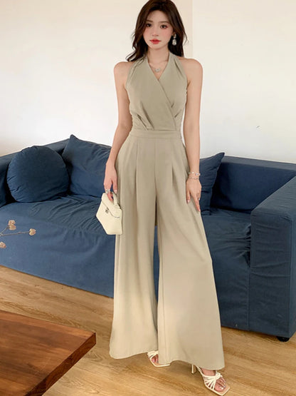 Korean Fashion Sleeveless Slim Jumpsuit For Women Office OL Elegant Sexy Backless High Waist Wide Leg Rompers 2025 New Summer.
