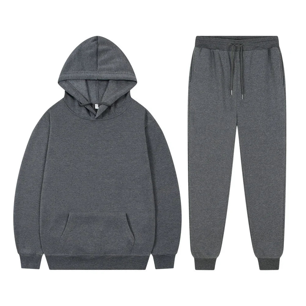 Men's Casual Tracksuit Autumn Fleece Warm Sweatshirts Sweatpants Suit Daily Sports Hooded Sweatshirts + Jogger Pants 2-piece Set.