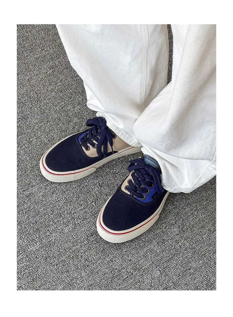 Boys' Casual Canvas Skateboard Shoes with Patchwork Low Cut Shoes Men's Minimalist Fashion Sneakers Trendy Lace Up Flat Bottom