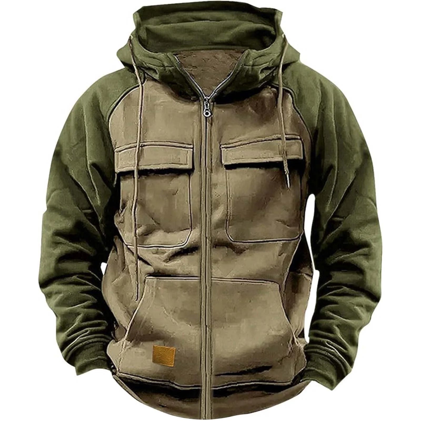 2025 Autumn Retro Workwear Hooded Sweatshirt Men Zipper Solid-Color Warm Sports Shirt With Multiple Pockets Hooded Jacket Winter.