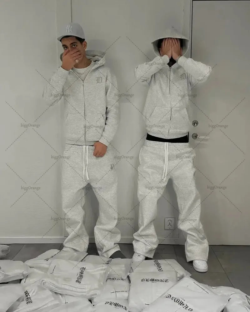 Europäischen und Amerikanischen Retro Männer Anzug Brief Gestickte Zipper Hoodie Frauen Modische Casual Lose Grau Gerade Hosen.