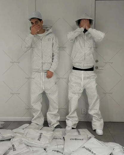 Europäischen und Amerikanischen Retro Männer Anzug Brief Gestickte Zipper Hoodie Frauen Modische Casual Lose Grau Gerade Hosen.