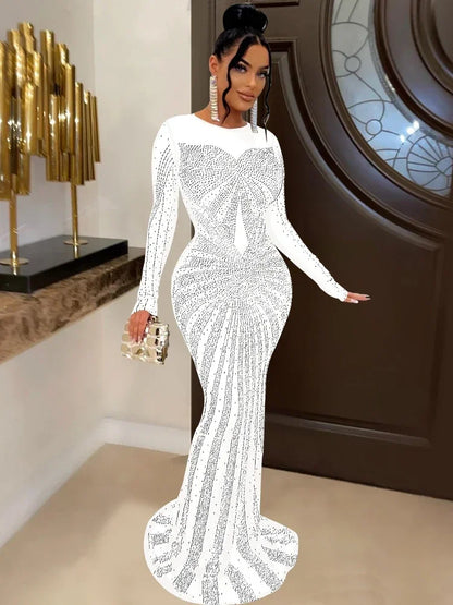 XIZOU Frauen Mesh Patchwork Diamanten Heißer Strass Bodenlangen Bodycon Meerjungfrau Maxi Kleid Sexy Party Abend Vestidos 2024