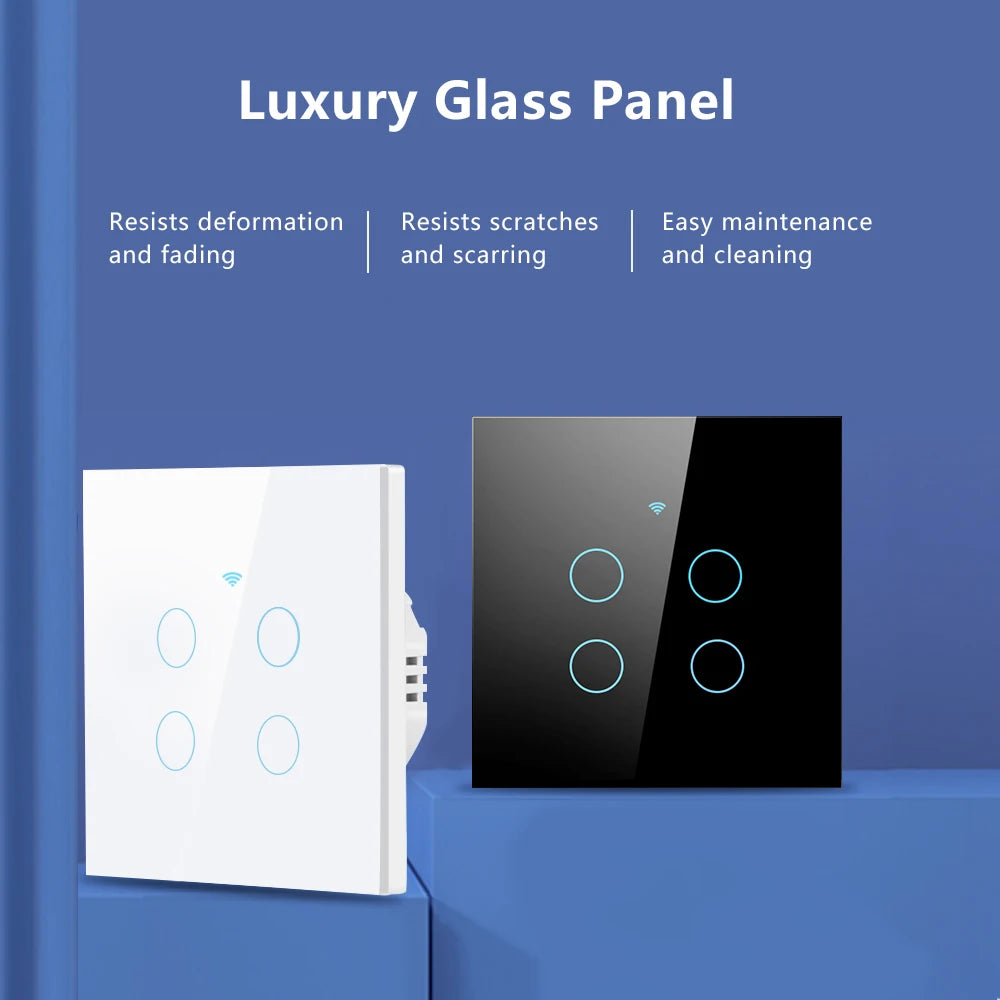 Tuya Wifi Smart Touch Licht EU Schalter Drahtlose Fernbedienung LED Licht Schalter Kein Neutralleiter Erforderlich 1-4 Gang Alexa Google Hause.