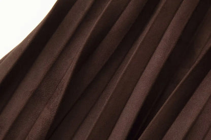 European and American style autumn new fashion trend casual simple women's matching belt suede effect pleated midi skirt