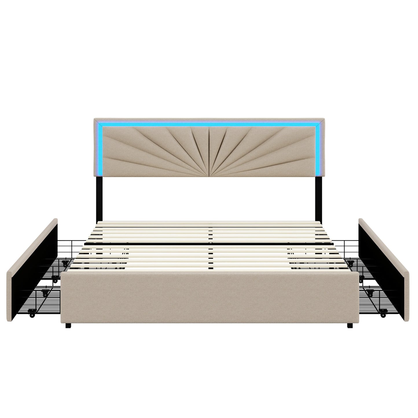 Lazyspace Beige-Leinen-Polsterbett, Doppelbettrahmen, Stauraumbett mit 4 Schubladen und höhenverstellbarem Kopfteil mit RGB-LED