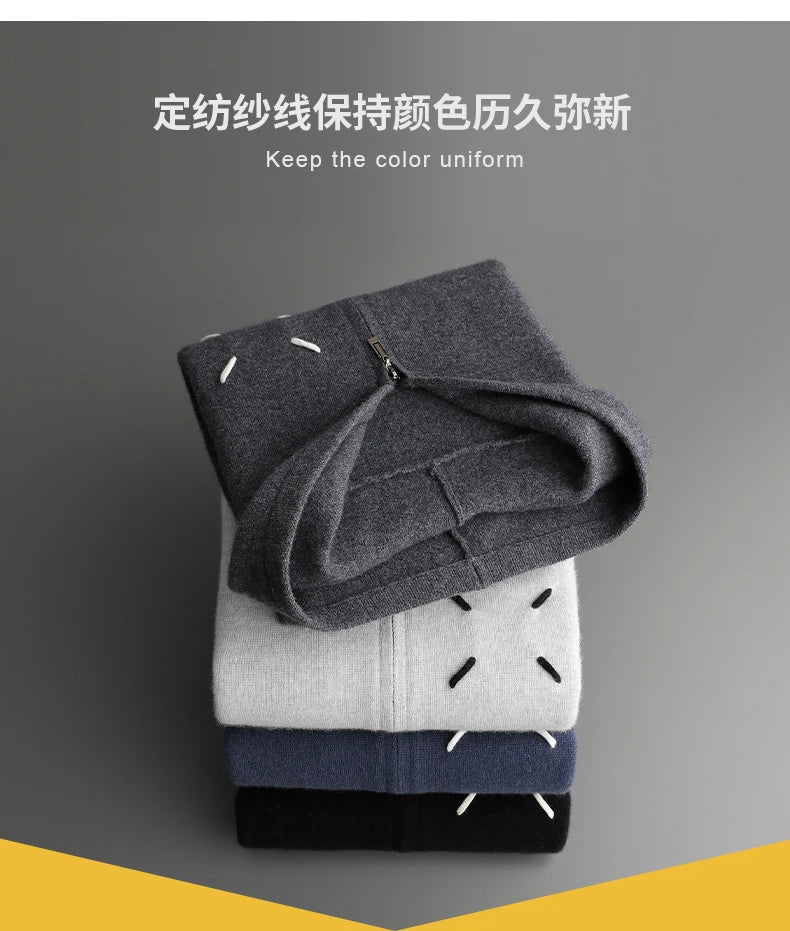 Men's 100% Cashmere Sweater Zipper Hooded Cardigan Warm Air Layer Thickened Jacket Jacquard Casual Knitted Wool Sweater.
