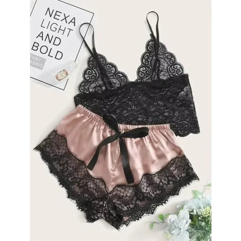Weibliche Pyjama Sets Spaghetti Strap Top und Shorts Pyjamas Sexy Dessous Seide Satin Nachtwäsche Sommer Hause Tragen Frauen Schlaf Tuch.