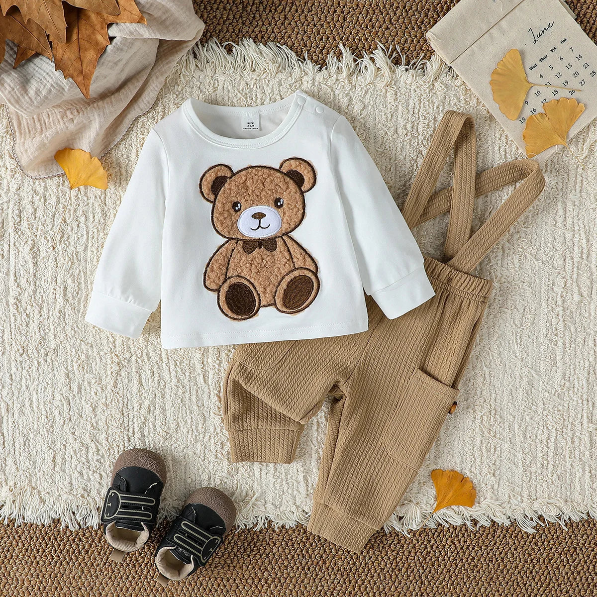 2PCS Baby Boys Boys Autumn Cute Long Sleeve Top  With Bear +Button Jumpsuit Playsuit Overalls Sets Clothes Casual Outfits.