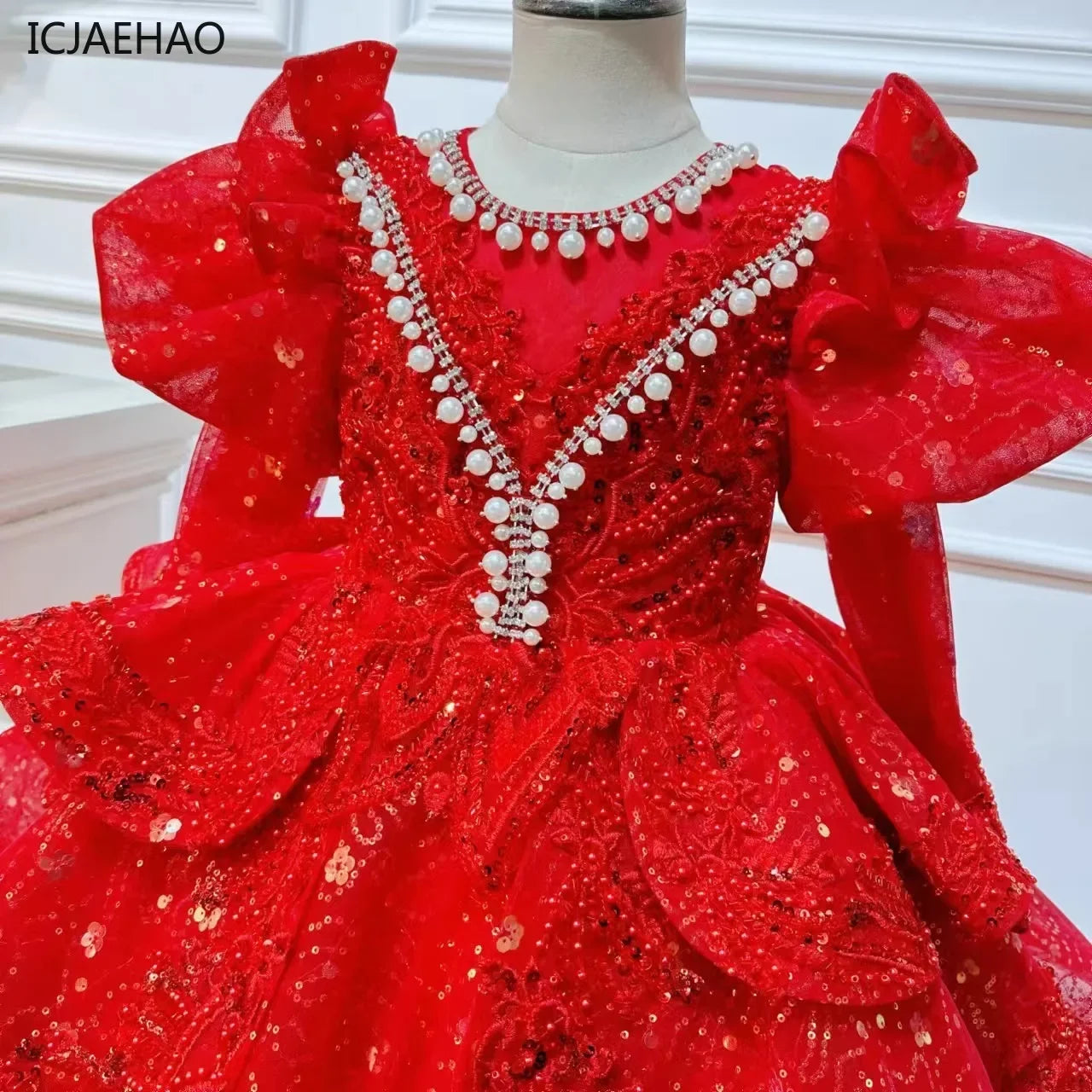 2025, Kinderkleid, Performance-Outfit, Mädchen, Blumenmädchen, Geburtstag, Prinzessinnenkleider, glitzernde Pailletten, bauschiges Kleid, rote Partykleidung für Kinder.