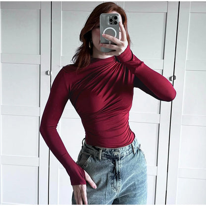 Women Tees Sexy Turtleneck Long Sleeve Pleated All-match Basic Lady T-shirts 2025 Spring Autumn Fashion Chic Female Streetwears.