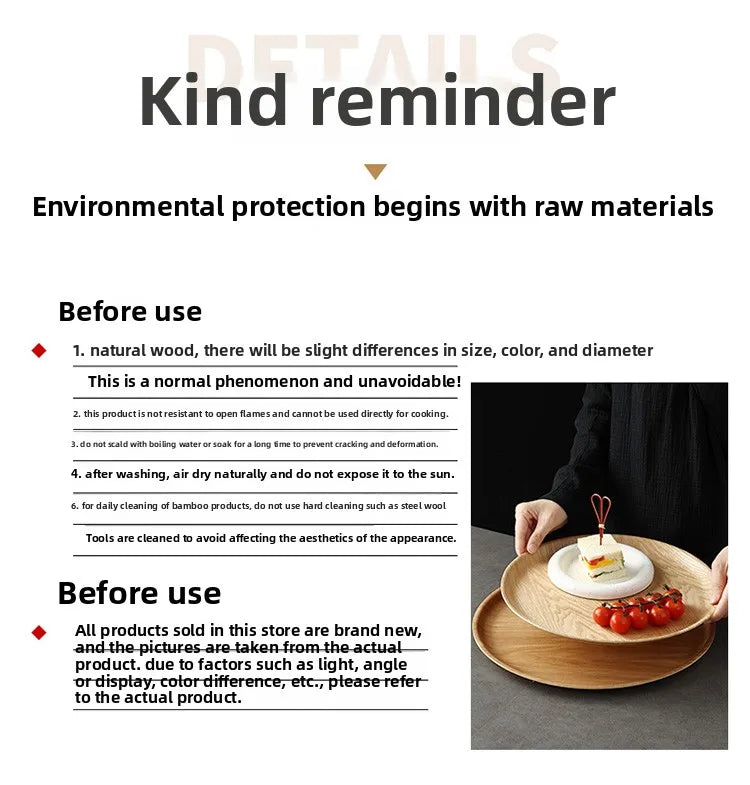 Wooden Dinner Plate Round Dessert Plate Wood Plate Coffee Cake Tray Bakery Bread Display Tray Kitchen Tableware Accessories.