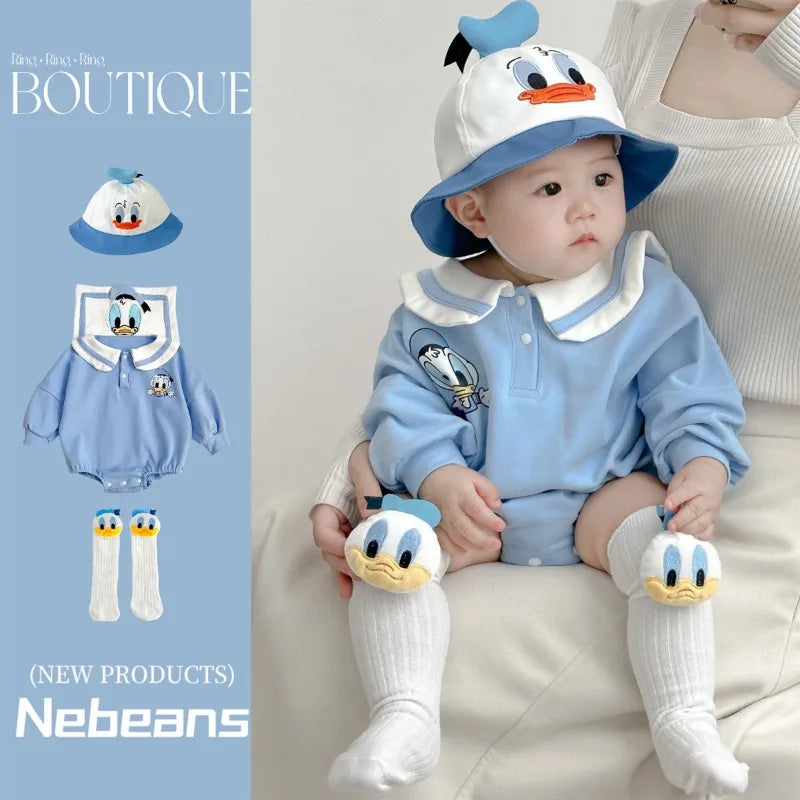 Neugeborenen Baby Strampler Socke Hut 3 stücke Set Cartoon Donald Daisy Ente Kleidung Jungen Mädchen Overall Infant Kurzarm Body k732.