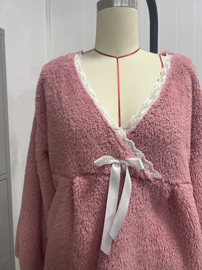 Herbst und Winter Damen neuen Stil Spitze Spleißen V-Ausschnitt Pyjama Set Flanell Schleife Langarm Top und Hose zweiteiliges Set von l.