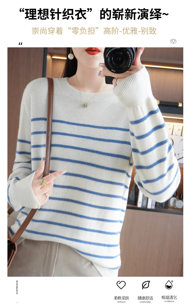 Herbst Winter neue Frauen O-Ausschnitt Farbe Streifen Pullover Wolle Mischung Mode weichen warmen Pullover Kaschmir lose lässig Strick Base Top.
