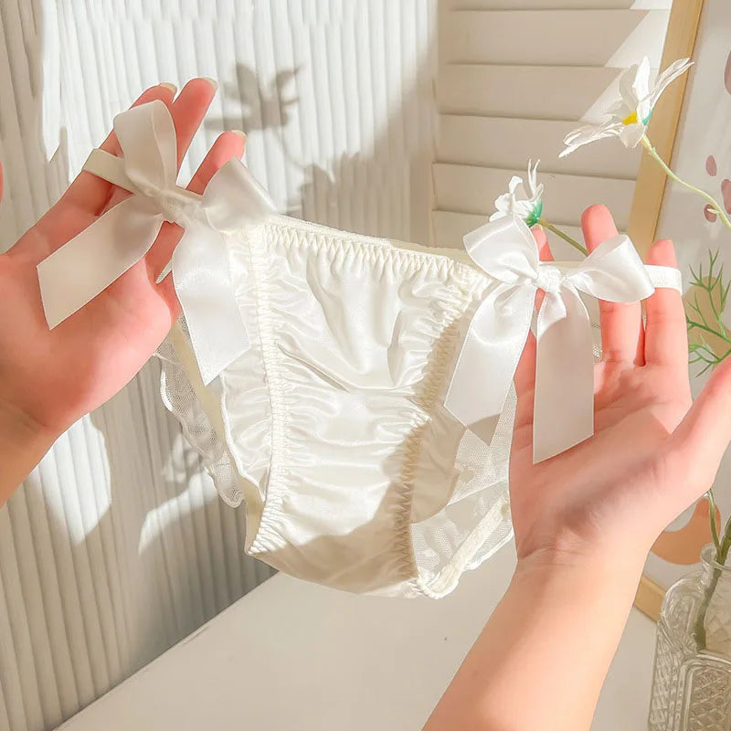 Women Sexy Satin Lace Mesh Transparent Bow Underwear Cute Lovely Sweety Princess Style Soft Panties Ruffles Breathable Breifs.