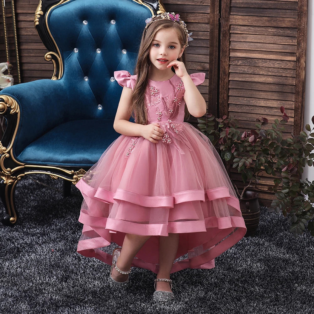 Rosa Mädchen bestickt Perlen Prinzessin Kleid für 3 bis 12 Jahre Mädchen Schwanz Party Kleid Kind Schule Performance-Kostüme.
