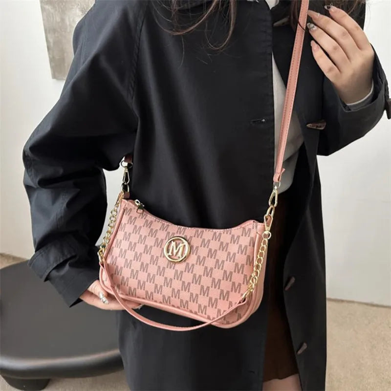 Vintage Style Handbag Crossbody Bag, Gold Letter 'M' Design Pu Leather Shoulder Messenger Bag, Synthetic Leather Tote Bag, Purse.