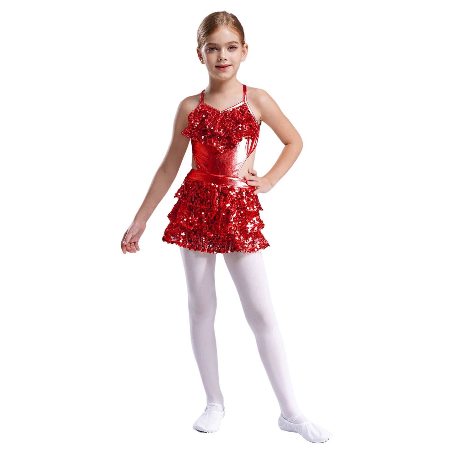 Kinder Mädchen Pailletten Jazz Ballett Tanzkleid Ärmellos Ausschnitt Tiered Rüschen Trikot Salsa Samba Rumba Skating Performance Kostüm