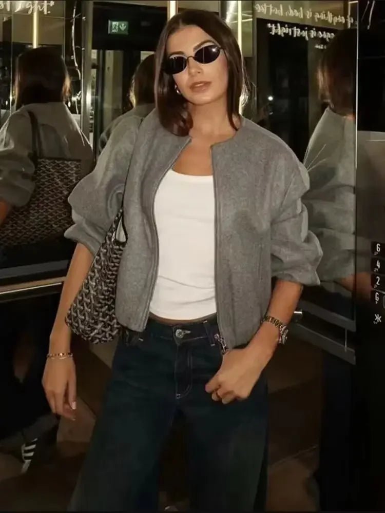 Damen Mode Herbst Winter Jacke Frauen Retro Rundhals Langarm Elastische Saum Zipper Weiche Bomber Jacke Frauen Mantel Weibliche.