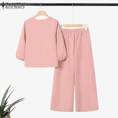 ZANZEA Autumn 2 Piece Sets Women Pant Sets Casual V Neck Long Sleeve Tops Pant Suit Elegant Solid Work Tracksuit Oversize 2025.