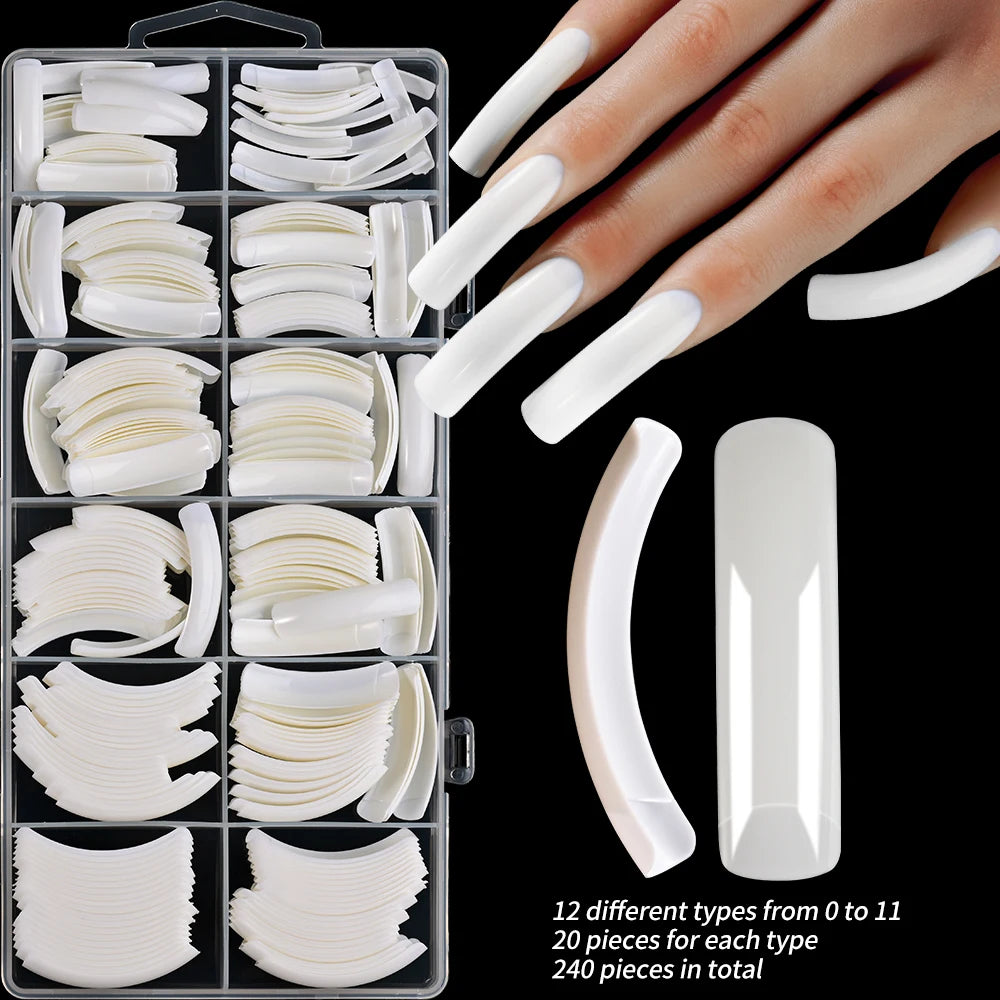 240Pcs/Box Extra Long Bend False Nails 12-Sizes Full Cover Press On Nail Clear/White/Black Building Extension Fake Fingertips *&.