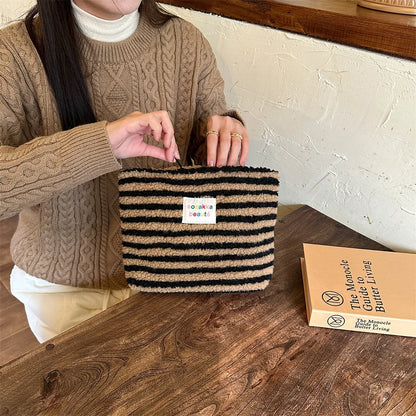 New Colorful Striped Dot Plush Clutch Cosmetic Bag Large Capacity Makeup Pouch Toiletries Bag Travel Outdoor Makeup Storage.