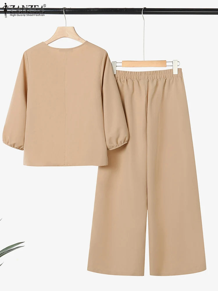 ZANZEA Autumn 2 Piece Sets Women Pant Sets Casual V Neck Long Sleeve Tops Pant Suit Elegant Solid Work Tracksuit Oversize 2025.