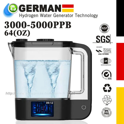 W102 Hydrogen Water Bottle Generator 64 Ounces Hydrogen Water Ionizer Pitcher Generator Machine with PEM Concentrator Technology.