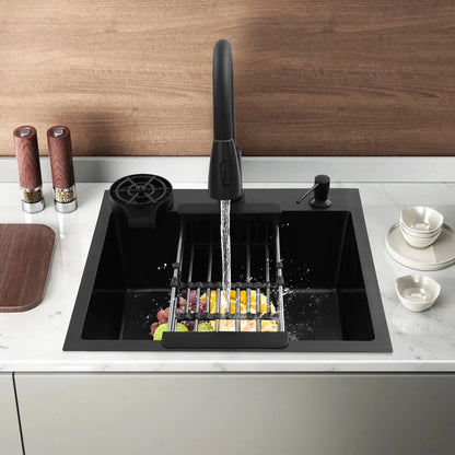 Multifunktionales Küchenspüle mit ausziehbarem Wasserhahn, Tassenspüler, Seifenspender, Abflusskorb, Anti-Überlauf, 201 Edelstahl