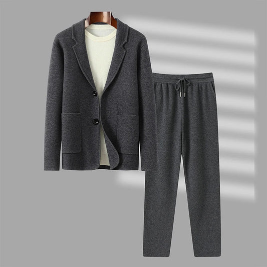 100%Cashmere Suit Men's Suit Collar Knitted Cardigan Business Casual Coat High Waisted Knitted Shorts Winter Thick Two-piece Set.