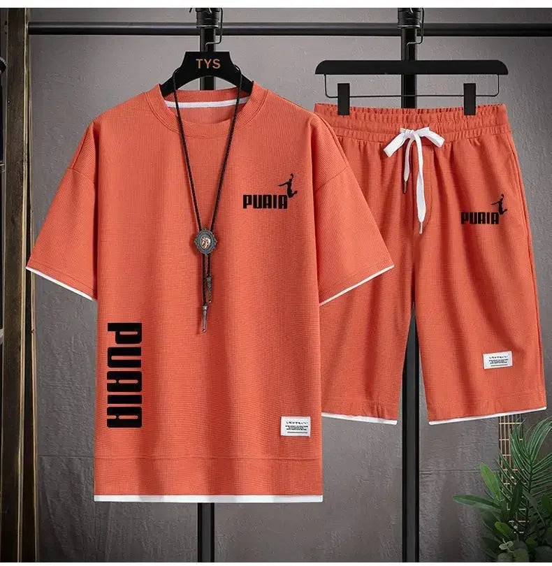 Summer 2025 Men's breathable fitness set, round-neck sports short-sleeved T-shirt + casual running shorts, 2-piece set, M-3XL.