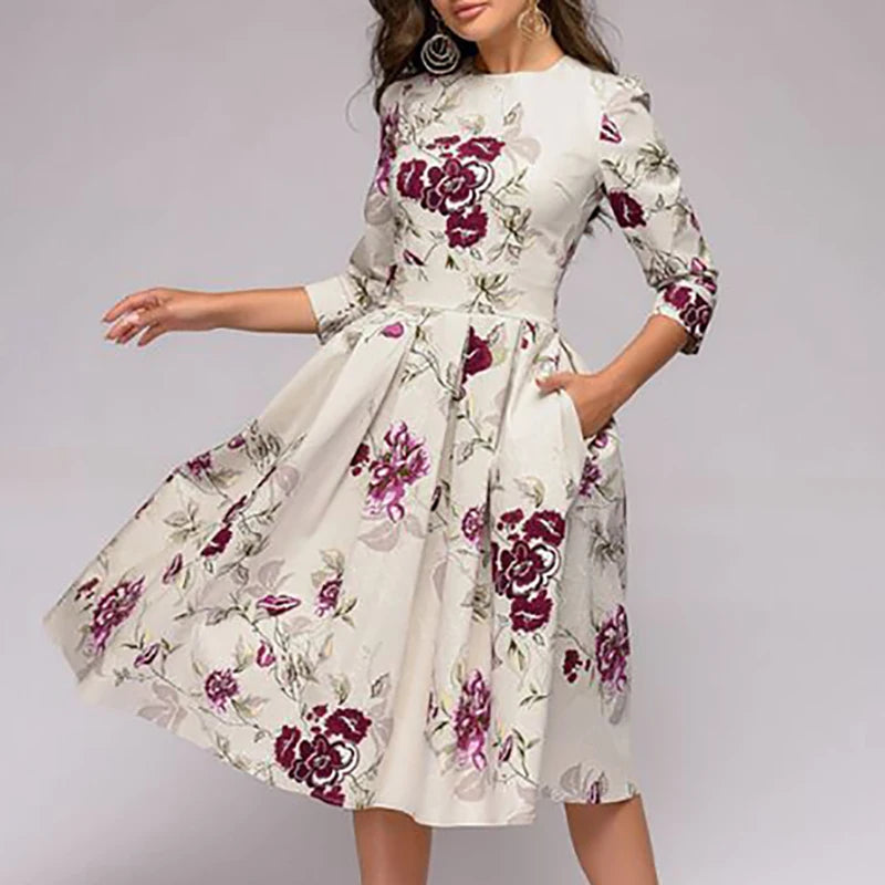 2023 frühling AutumnOffice Dame Knie Länge Elegante Vintage Langarm Party Kleider Frauen Floral Bedruckte Kleid Neue.