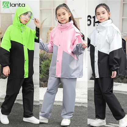 LOlanta Kids Waterproof Suit Hooded Raincoat Jacket and Trousers Set Puddle Suit with Zip for Boys Girls 8-14 Years.