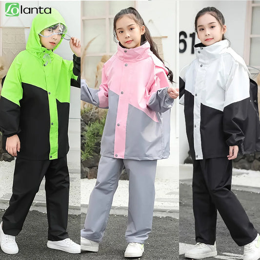 LOlanta Kids Waterproof Suit Hooded Raincoat Jacket and Trousers Set Puddle Suit with Zip for Boys Girls 8-14 Years.