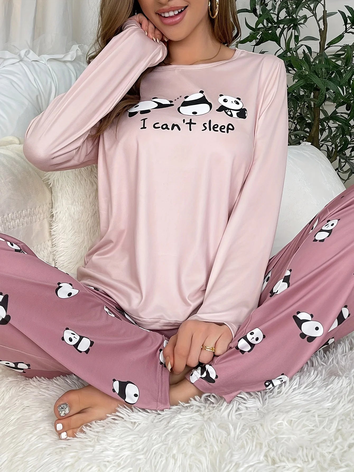 Damen-Pyjama-Set im neuen Stil, süßer Panda, langärmelige Hose, zweiteilig, lässige Heimkleidung.
