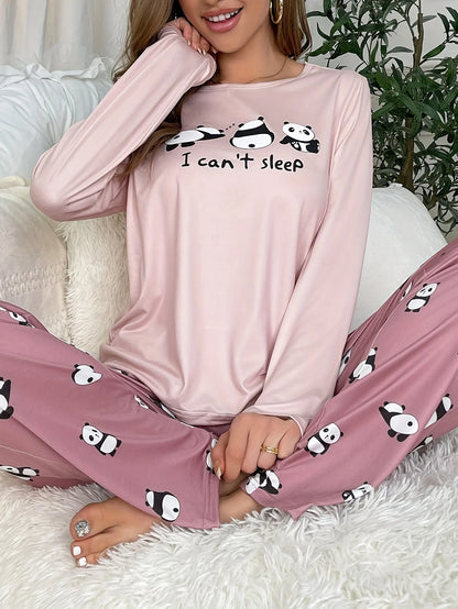 Damen-Pyjama-Set im neuen Stil, süßer Panda, langärmelige Hose, zweiteilig, lässige Heimkleidung.