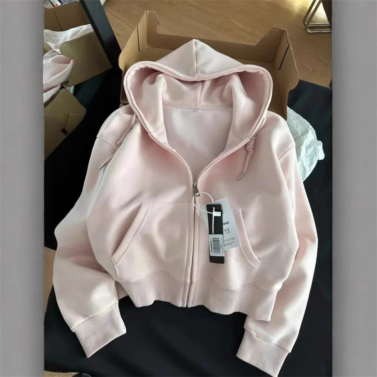 Frühherbstliche, schicke, lässige Kapuzenjacke, schmale Passform, langärmeliges, kurzes Oberteil, warme Strickjacke mit Reißverschluss, koreanischer Stil, Kapuzenpullover.