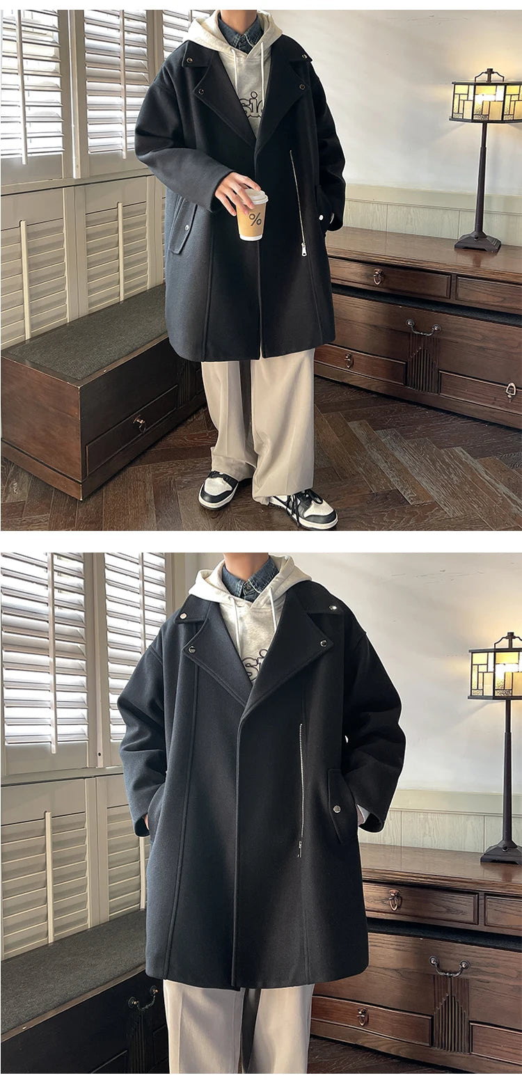 Winter Fashion Woolen Dust Coats Men Zipper Decor High Quality Korean Style Loose Casual Windbreaker Men's Thick Warm Trenchcoat.