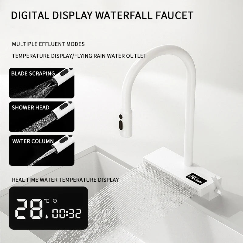 White Stainless Steel Kitchen Sink with Digital Display Multifunction Waterfall Faucet large Wash Basin for Kitchen Accessories