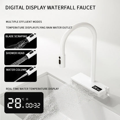 White Stainless Steel Kitchen Sink with Digital Display Multifunction Waterfall Faucet large Wash Basin for Kitchen Accessories