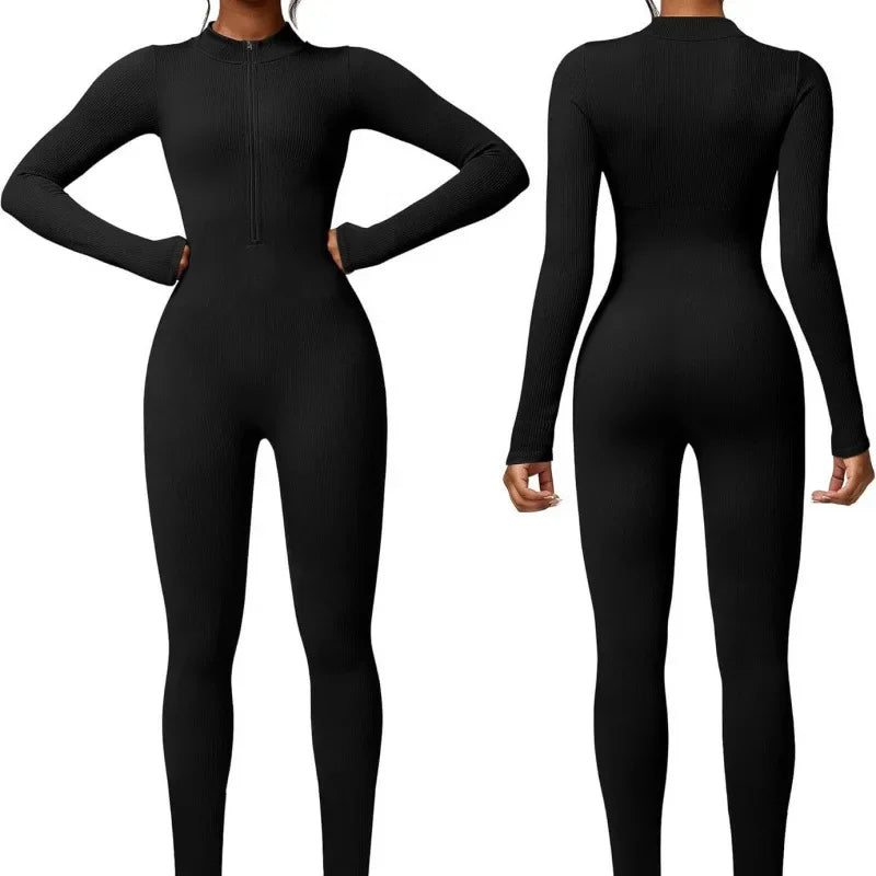 Seamless Long Sleeve Yoga Suit Waist-Fitted Shaping Trousers Casual Sports One-Piece Zippered Fitness Wear.