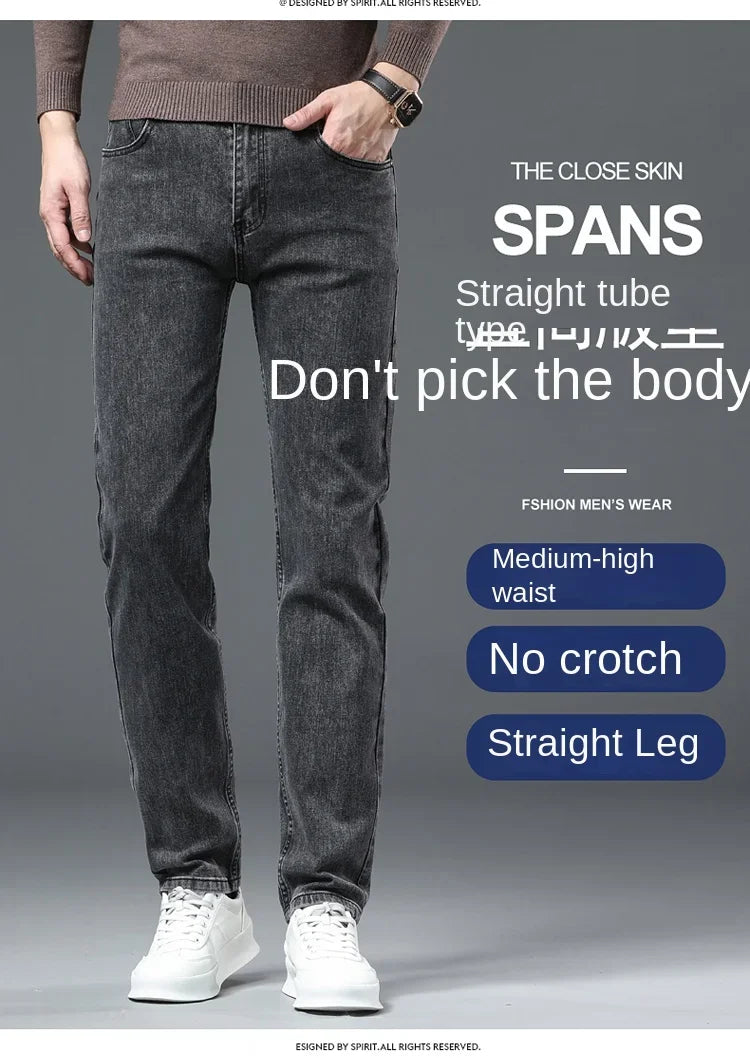 Spring Autumn New Men's Pure Black Slim Jeans Elastic Straight Pants Business Fashion Leisure Korean Vintage Denim Pants Male