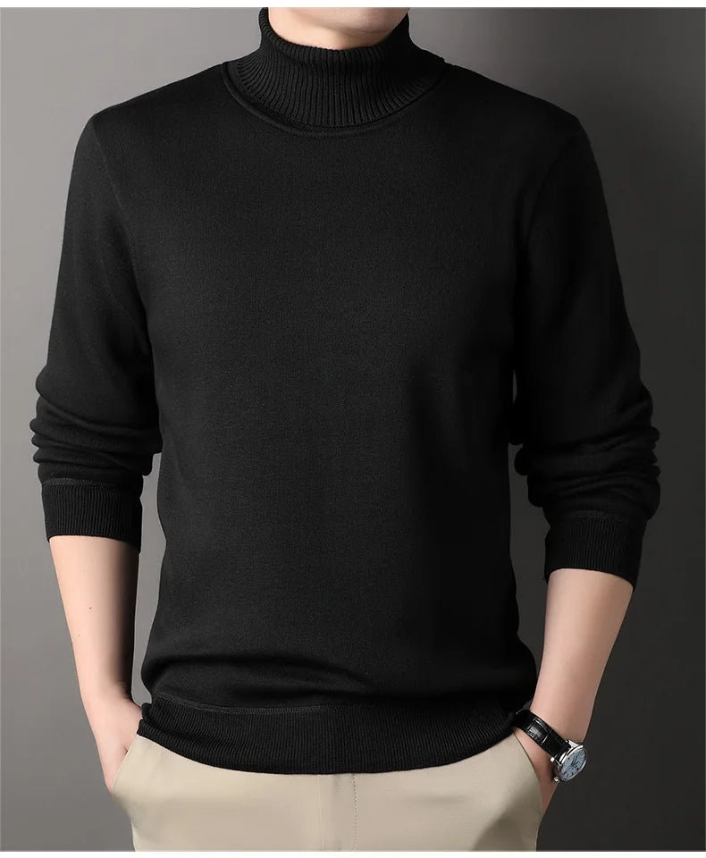 Men's Autumn Winter New Turtleneck Sweater Warm Cozy Solid Color Casual Bottom Knitted Pullovers Male Fashion Knitwear