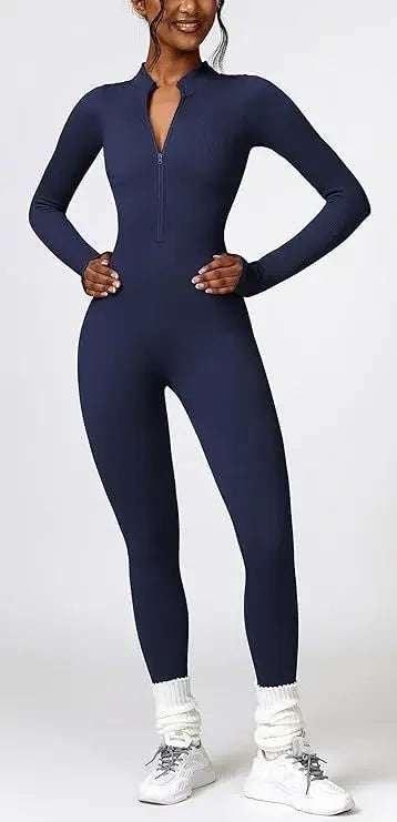 Seamless Long Sleeve Yoga Suit One-Piece Tightening Fitness Leisure Sports Jumpsuit with Zipper for Women.