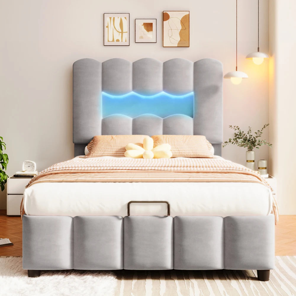 Modernes Polsterbett, 90 x 200 cm, ohne Matratze, LED-Beleuchtung, mit hydraulischem Gerät, verstellbarer Kopfteil, Samt, Grau