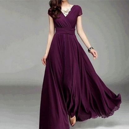 Boho Stil V-ausschnitt Kurzarm Chiffon Kleid Frauen Einfache Feste Hohe Taille Lange Robe Elegante Temperament Abend Party Kleid Neue.