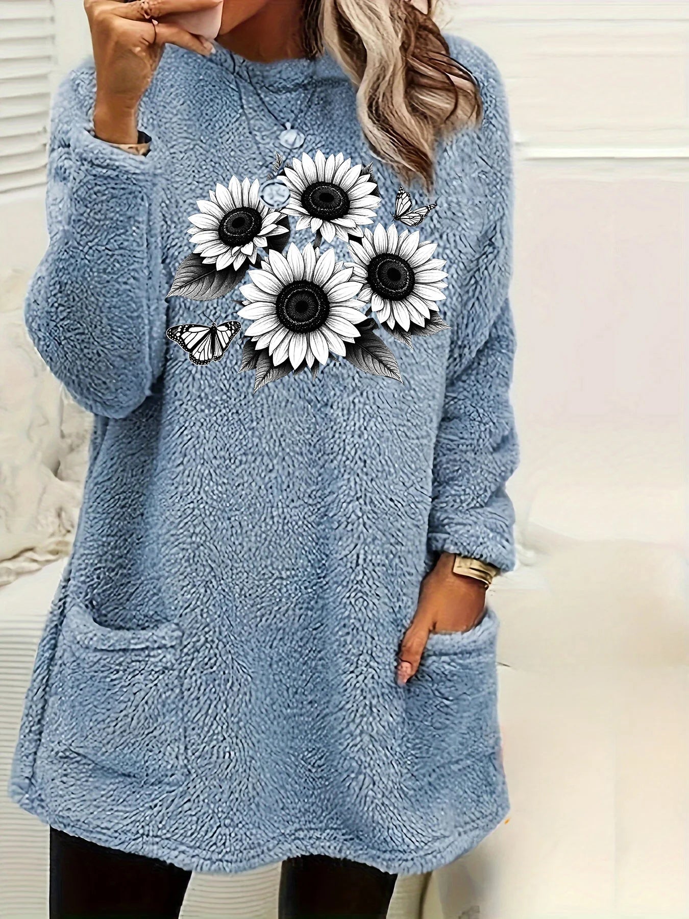 Plus Size Damen Fleece-Sweatshirt, Sonnenblumen-Schmetterling, bedruckt, Rundhalsausschnitt, weich, warm, lässig, Winter, Langarm-Pullover.