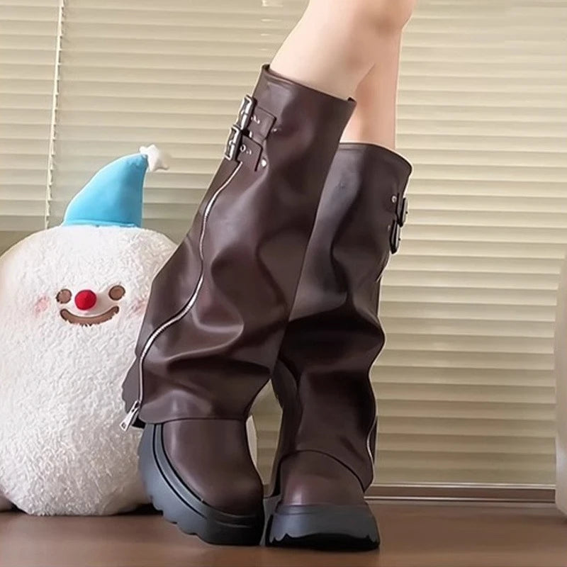 Punk Style Splicing Thick Bottom Women Knee-High Boots Fashion Zipper Female Pleated Knight Long Booties Shoes